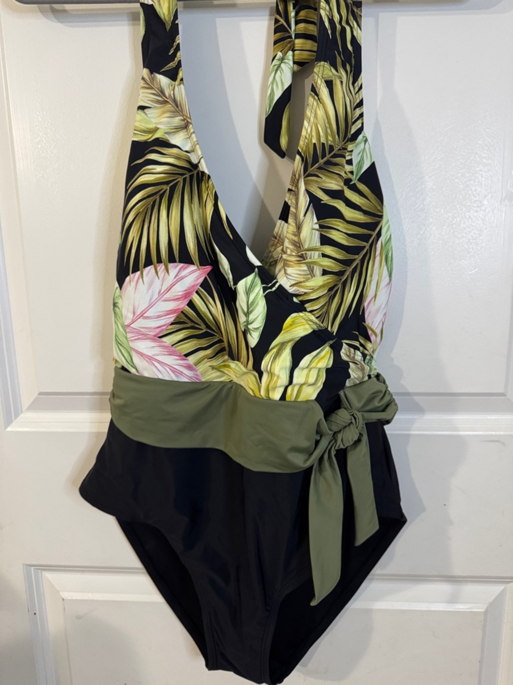 Lands' End Black Tropical Leaf One-Piece Swimsuit with Olive Waist Tie